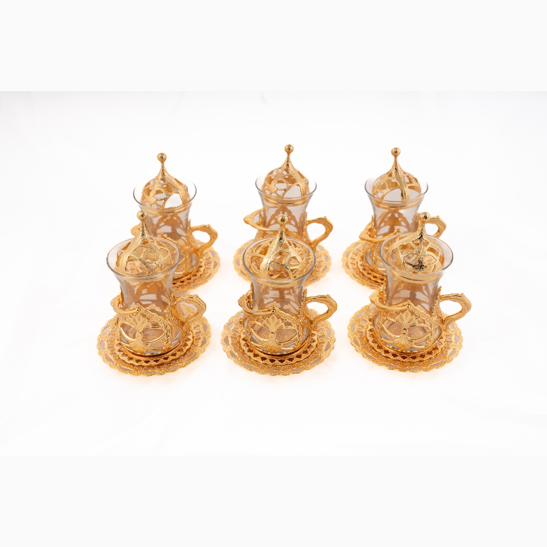 OTTOMAN BRASS Arte y Sabor: Set de 6 Vasos Turcos Artesanales para Té - ORO