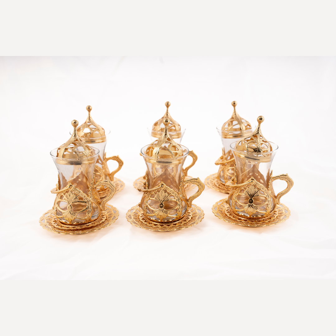 OTTOMAN BRASS Arte y Sabor: Set de 6 Vasos Turcos Artesanales para Té - ORO