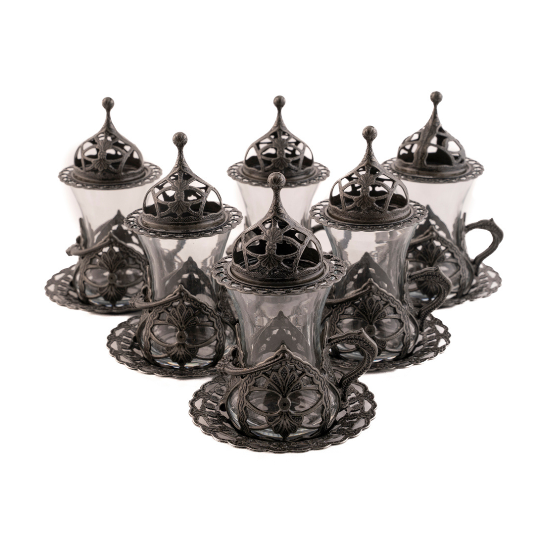 OTTOMAN BRASS Arte y Sabor: Set de 6 Vasos Turcos Artesanales para Té - GRIS