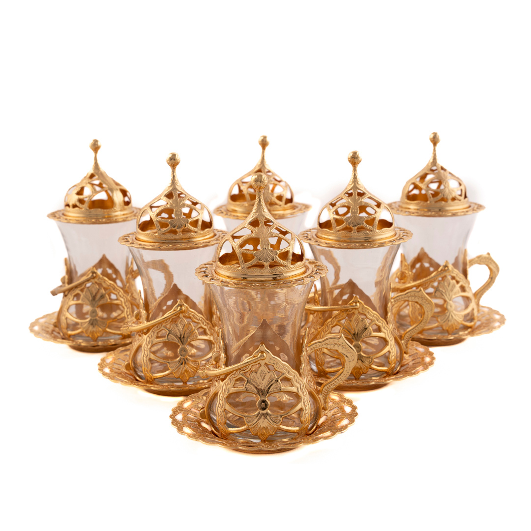 OTTOMAN BRASS Arte y Sabor: Set de 6 Vasos Turcos Artesanales para Té - ORO