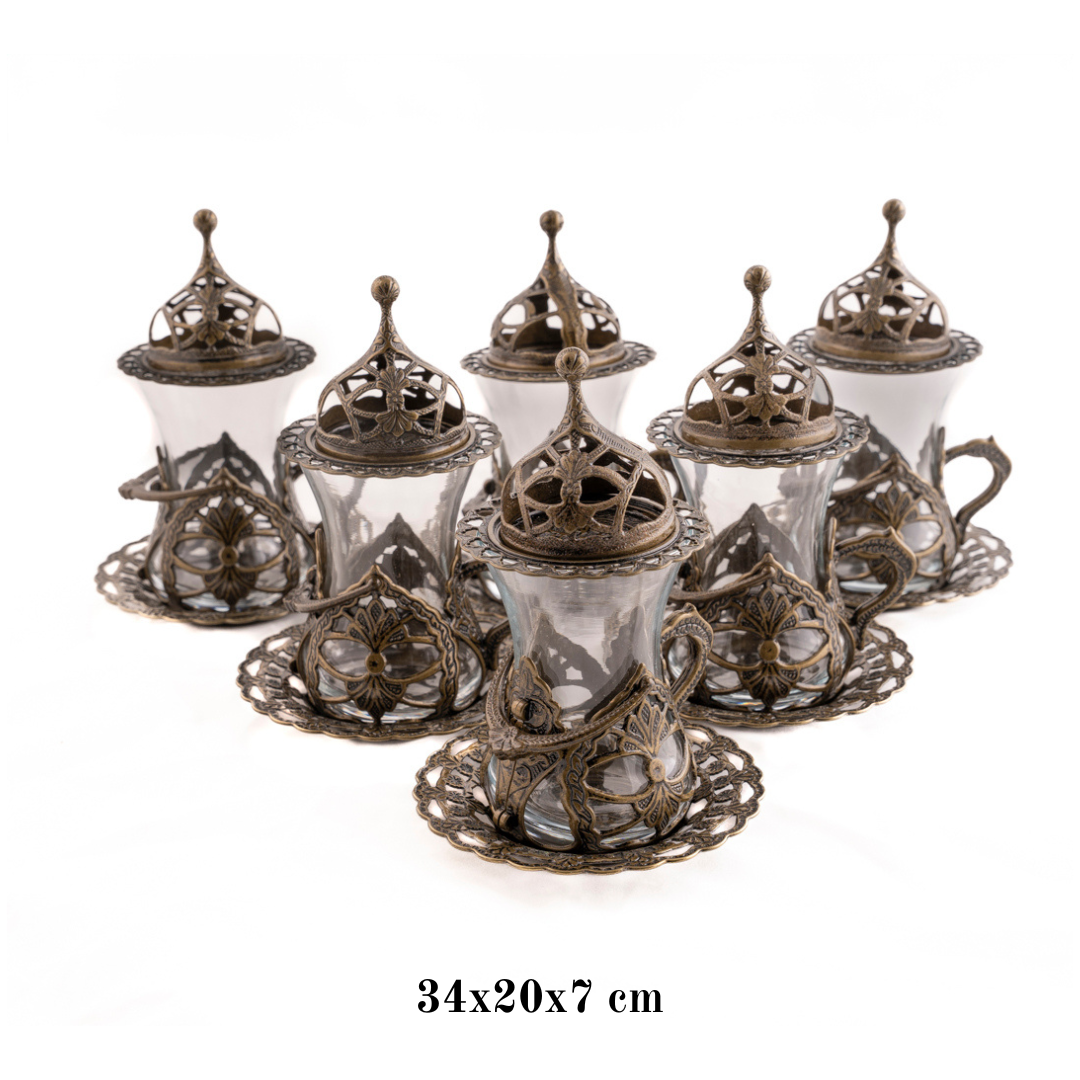 OTTOMAN BRASS Arte y Sabor: Set de 6 Vasos Turcos Artesanales para Té - BRONCE