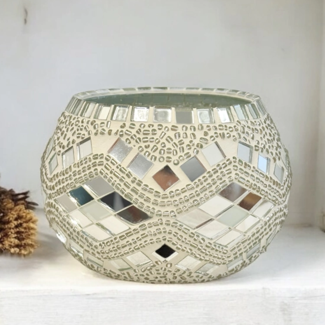 Portavelas Turco de Mosaico Blanco Hecho a Mano para una Iluminación Romántica. BLANCO