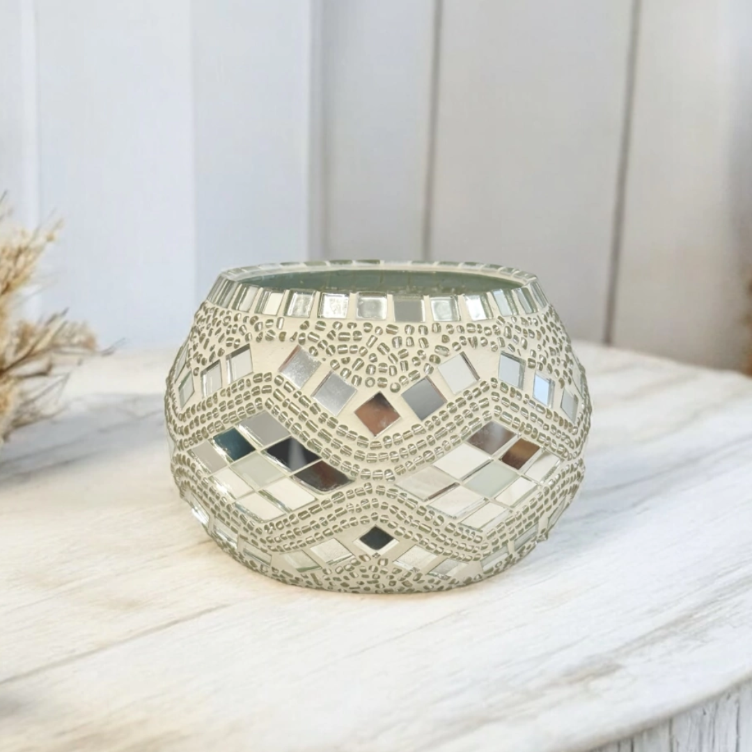 Portavelas Turco de Mosaico Blanco Hecho a Mano para una Iluminación Romántica. BLANCO