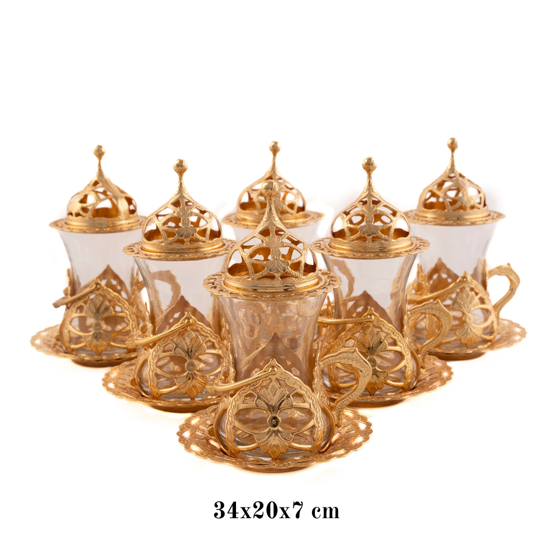 OTTOMAN BRASS Arte y Sabor: Set de 6 Vasos Turcos Artesanales para Té - ORO