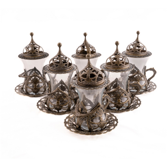 OTTOMAN BRASS Arte y Sabor: Set de 6 Vasos Turcos Artesanales para Té - BRONCE