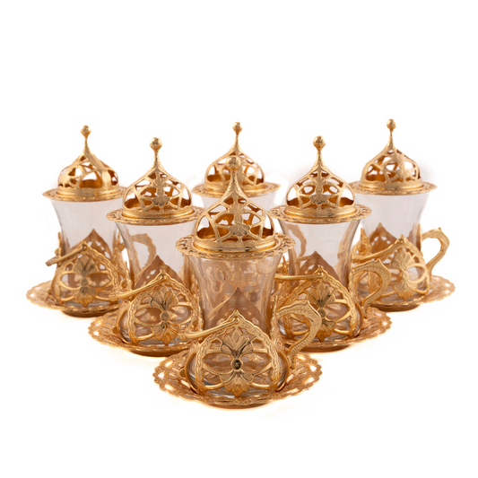 OTTOMAN BRASS Arte y Sabor: Set de 6 Vasos Turcos Artesanales para Té - ORO